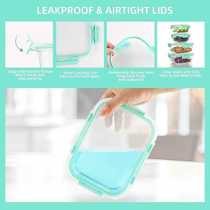 UMEIED 12 PACK Glass Food Storage Containers with Leak Proof Lids, Glass Airtight Meal Prep Containers Set for Lunch, On the Go, Leftover, Kitchen Pantry Organizers and Storage (Mint Green)