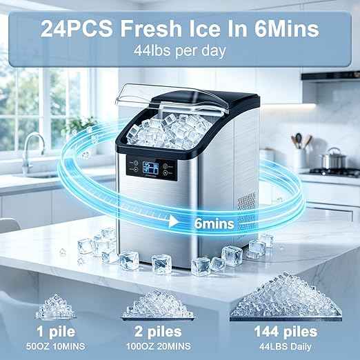 Waleaf 44LBS/24H Countertop Nugget Ice Makers with Timer, 24PCS Ice Cubes Ready in 6 Mins,Portable Auto-Cleaning Ice Maker Machine with 2L Water Tank, for Home Kitchen Camping RV