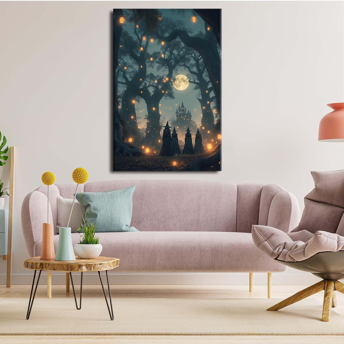 Mysterious creek painting witch and castle in magic forest art print canvas gothic print dark college decoration poster for home bedroom12x16in Wood Framed