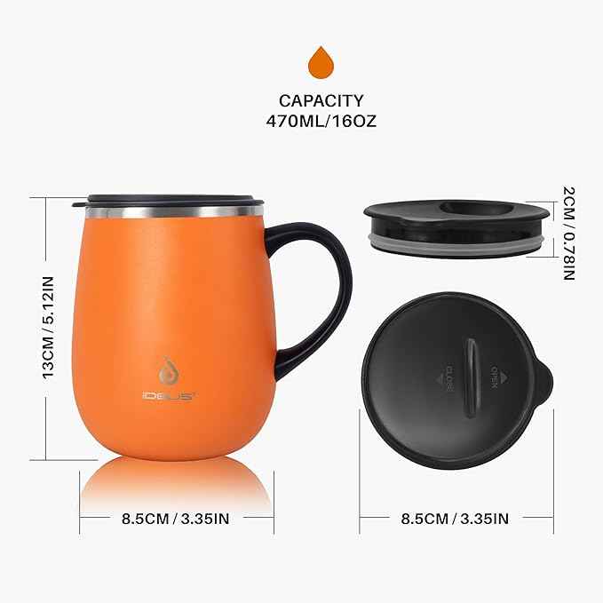 Ideus 16 oz Insulated Coffee Mug with Handle and Lid, Double Wall Stainless Steel Vacuum Thermal Coffee Mug, Travel Coffee Cup Thermal Cup for Home and Office, Orange Tiger