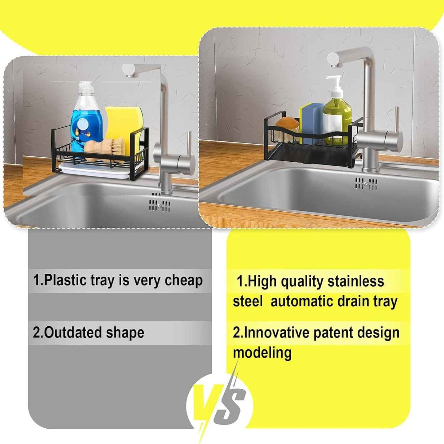 Maifan Stainless Steel Kitchen Sink Caddy Organizer with Auto Drain Tray, Sponge Holder for Countertop Storage