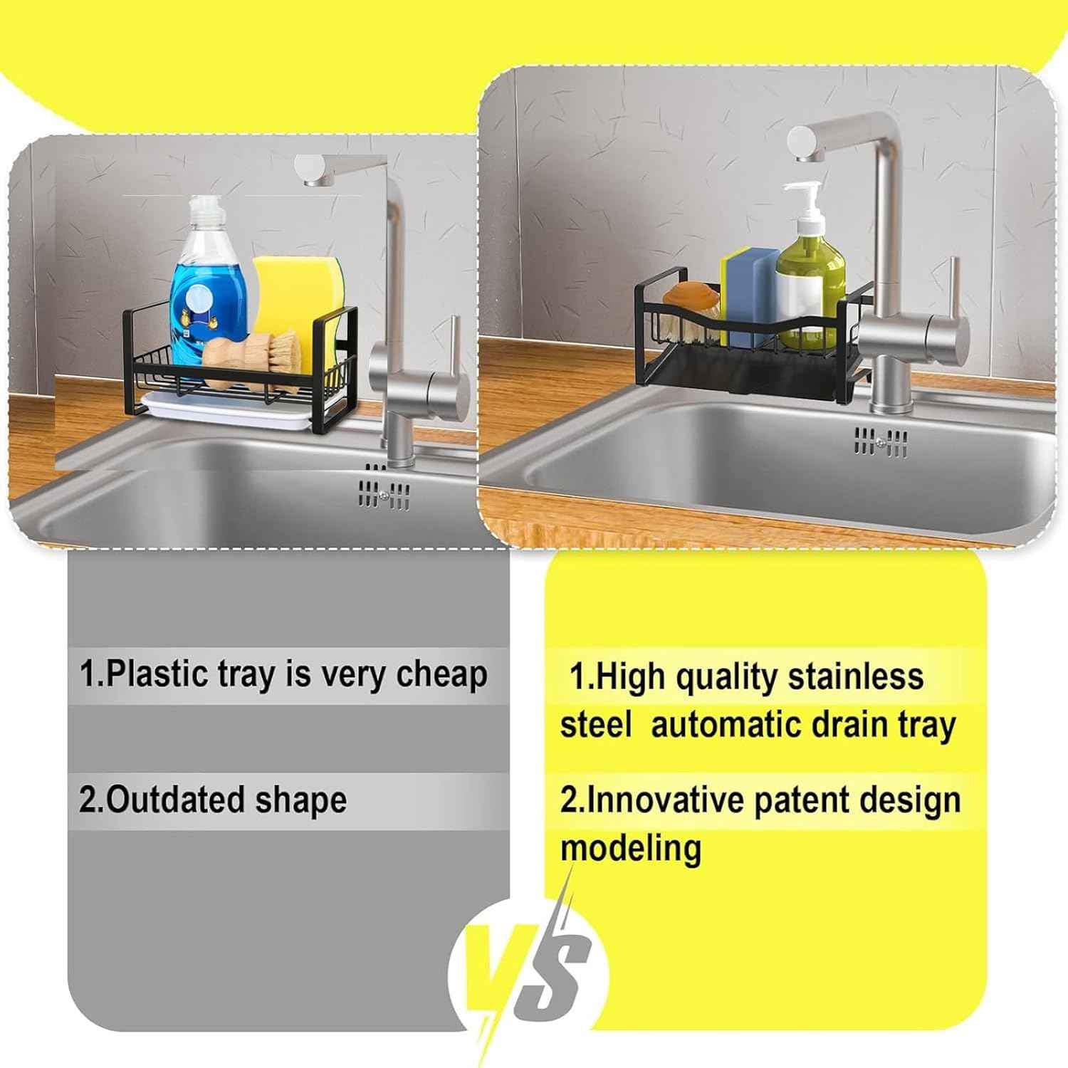 Maifan Stainless Steel Kitchen Sink Caddy Organizer with Auto Drain Tray, Sponge Holder for Countertop Storage