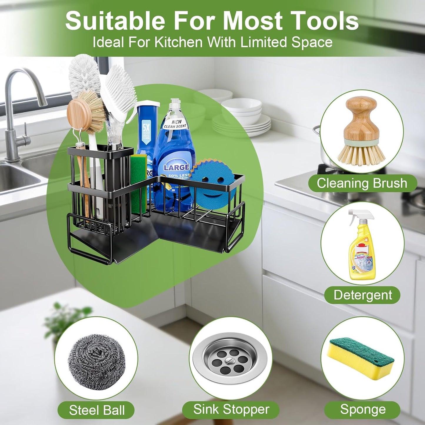 Fikoksol Large Sponge Holder for Kitchen Sink, 90-Degree Sink Caddy Organizer with Dish Brush Holder for Countertop Corner Storage Rack, Metal L-Shaped Kitchen Sink Sponge Soap Organizer Storage Ideas