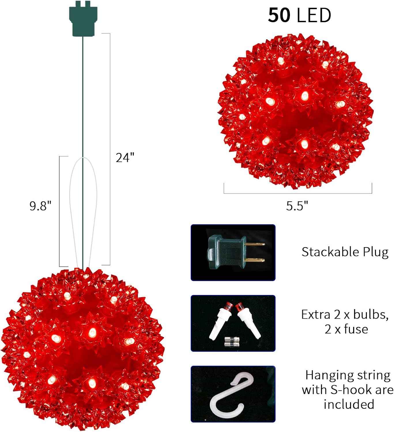 Christmas Lighted Ball 5.5" Outdoor Hanging Sphere Lights Orb 50 LED Red Starlight Sphere for Tree, Porch, Gazebo, Bedroom Decorations