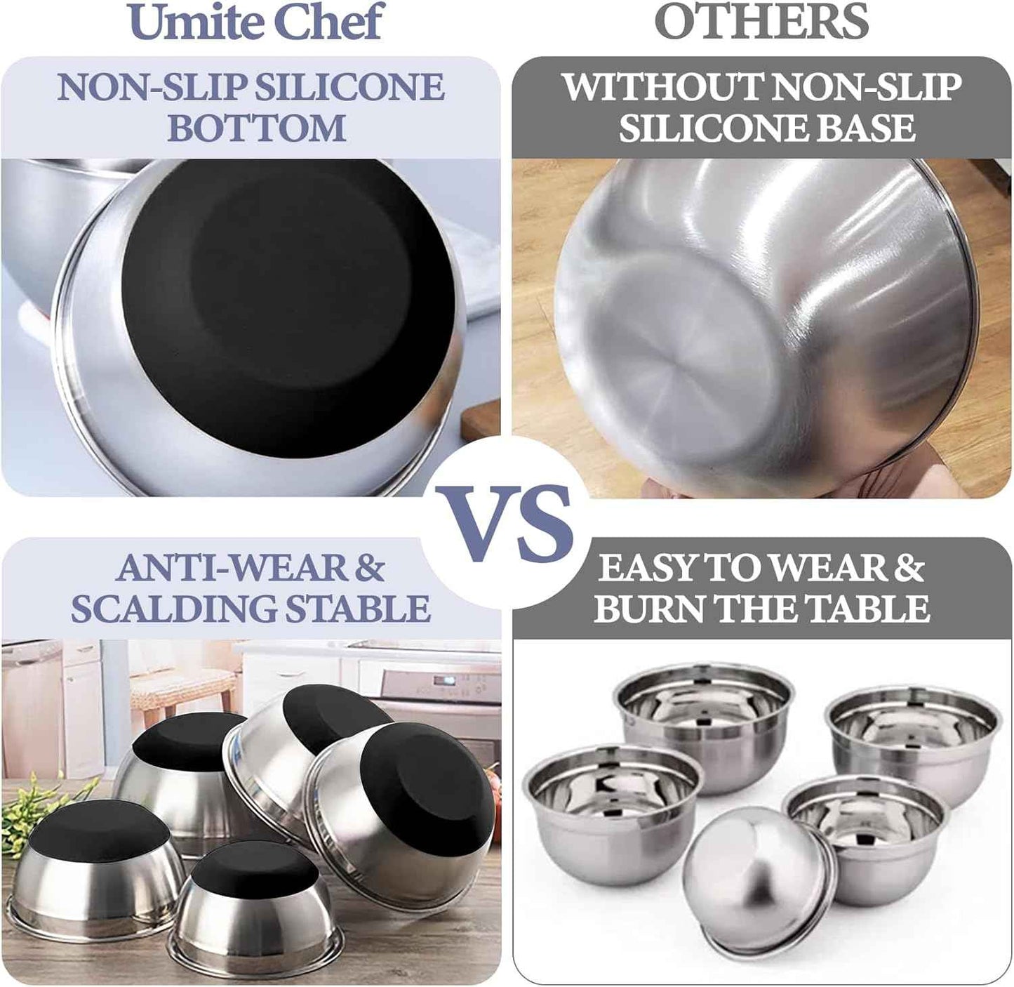 Umite Chef Mixing Bowls with Airtight Lids, 8PCS Stainless Steel Nesting Mixing Bowls Set, 3 Grater Attachments & Non-Slip Bottoms, Black Kitchen Bowls, Size 5, 4, 3.5, 2, 1.5QT for Baking & Serving
