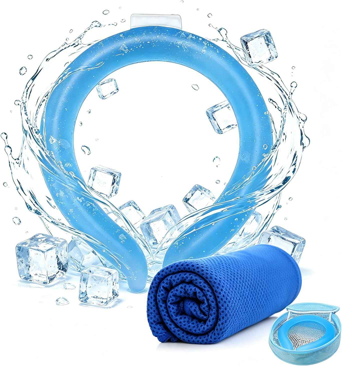 1 Sets Cooling Towel (Towel Color Random)+Cooling Neck Ring – Reusable PCM Cooling Ring Stays ~64°F for 60-120 Min, Quick Dry Microfiber Towel, Insulated Storage Bag for Family Outdoor Sports Hiking