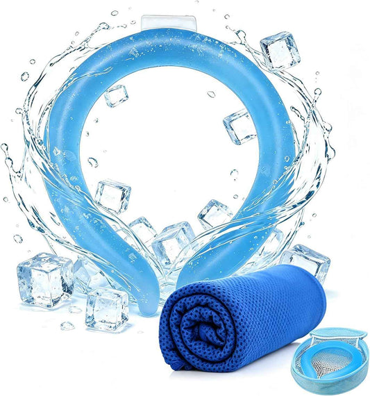 1 Sets Cooling Towel (Towel Color Random)+Cooling Neck Ring – Reusable PCM Cooling Ring Stays ~64°F for 60-120 Min, Quick Dry Microfiber Towel, Insulated Storage Bag for Family Outdoor Sports Hiking