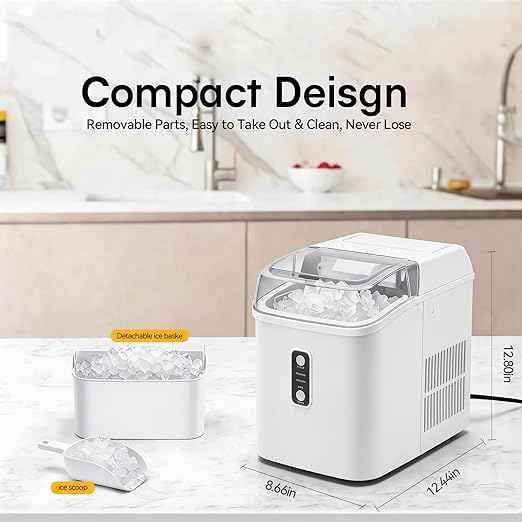NEWBULIG Nugget Ice Makers Countertop, Portable Nugget Ice Machine, Ready in 6 Mins, 24lbs in 24Hrs, Auto-Cleaning, with Basket and Scoop, for Home, Kitchen, RV, Camping, White