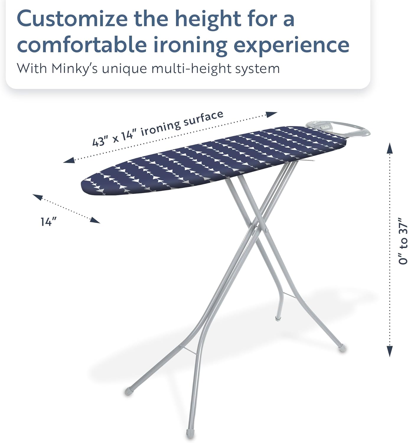 Classic 4-Leg Ironing Board with Iron Rest - Freestanding Full Size Iron Board for Clothes Pressing and Steaming with 43" x 14" Surface - Blue Arrows