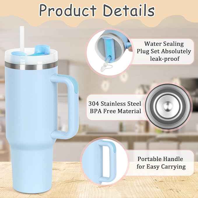 4 Pack 40 Oz Tumblers with Handle Bulk, Double Wall Vacuum Insulated Stainless Steel Tumblers with Lid and Straw, 40 oz Cups with Silicone Spill Proof Stopper Set (Black,Sky Blue,Purple,Hot Pink)