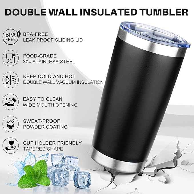 20oz Tumbler with Lid Double Wall Vacuum Insulated Travel Coffee Mug Stainless Steel Thermal Cup Powder Coated Sturdy Coffee Tumbler for Hot and Cold Beverage (Black,1)