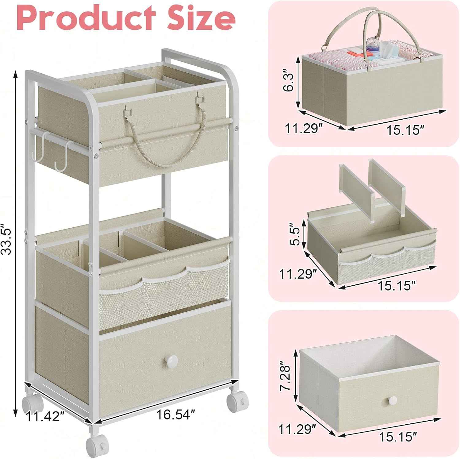 Cidaziya 2In1 Baby Diaper Caddy Organizer and Storage, 3 Tier Rolling Cart with Drawer, Mobile Utility Cart Baby Dresser Clothes Organizer for Crib, Art & Craft Storage, White, 17"W x 11.42"D x 33.5"H