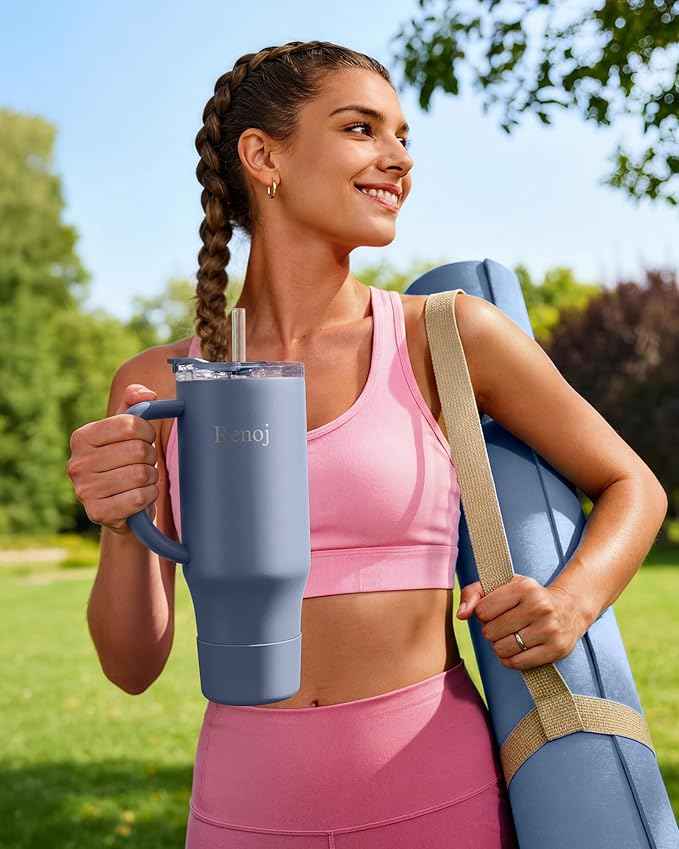 Renoj Insulated Mug 100% Leak Proof Insulated Water Bottle for Iced Coffee & Hot Drinks - Fits Car Cup Holder, Ideal Gift, 2 Straws & Silicone Boot - SnapShift Pink 40 oz