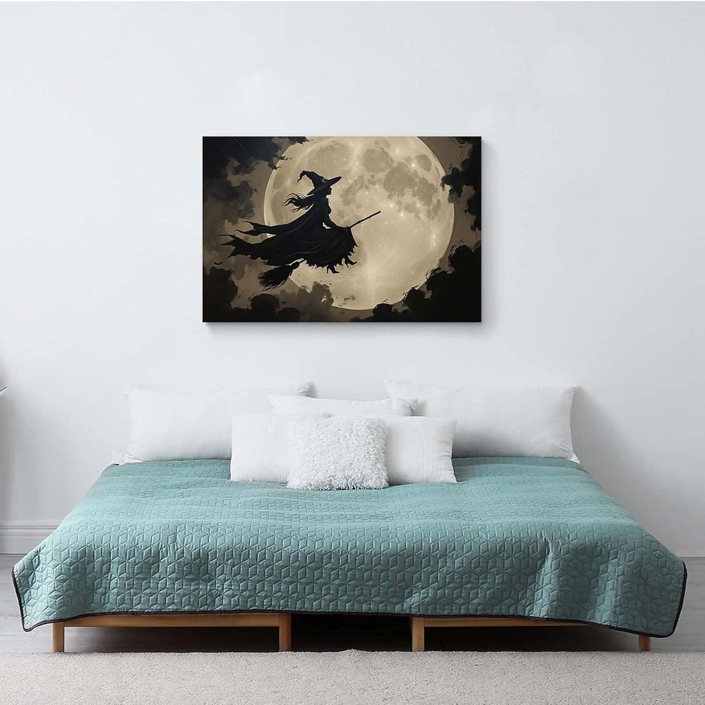 JFHCQJPK Full moon witch silhouette poster witch on magic broom Halloween mural poster decorative mural art suitable for home living room bedroom8x12in Frameless