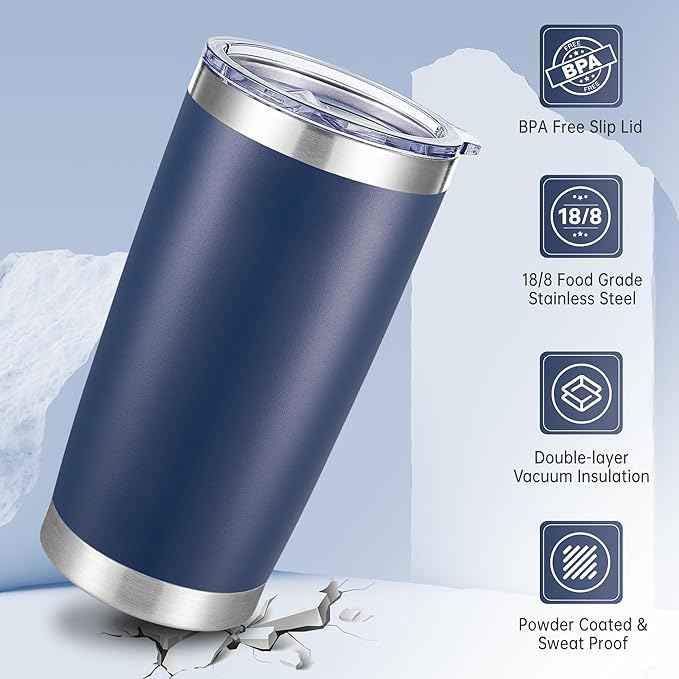 20 oz Tumbler Stainless Steel Tumblers with Lid Double Wall Vacuum Insulated Coffee Mug 20oz Powder Coated Cup for Hot and Cold Drinks, Navy, 1 pack