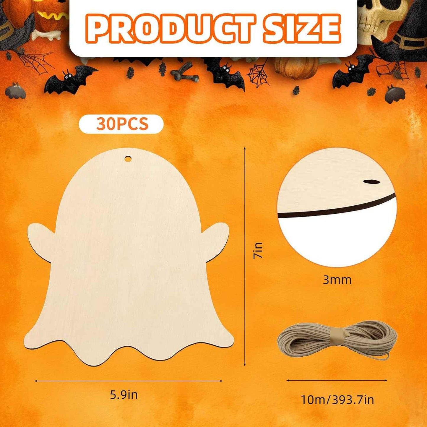 Large Size 7'' Wooden Halloween Ornaments to Paint 30 Pcs DIY Blank Unfinished Ghost Wooden Cutouts with Twines for Halloween Thanksgiving Day Fall Party