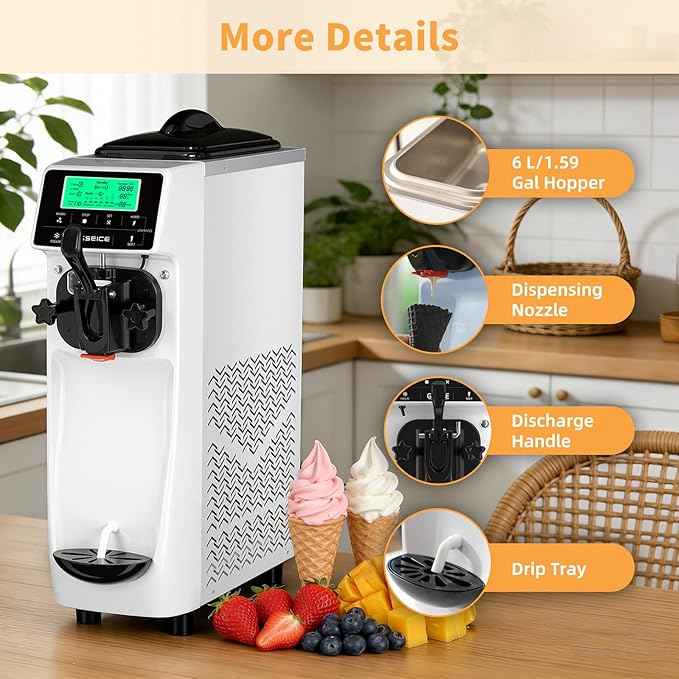 Ice Cream Machine – 3.5 Gals/H Single Flavor Ice Cream Maker 5 Inch Screen Soft Serve Ice Cream Machine with Pre-Cooling Soft Serve Machine with 1.6 Gals Tank for Home, Parties,Cafés,and School