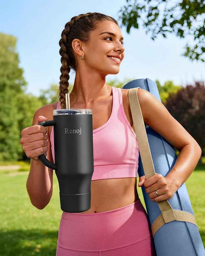 Renoj Insulated Mug 100% Spill Resistant Insulated Water Bottle for Iced Coffee & Hot Drinks - Fits Car Cup Holder, Ideal Gift, 2 Straws & Silicone Boot - FlexSlide White 40 oz