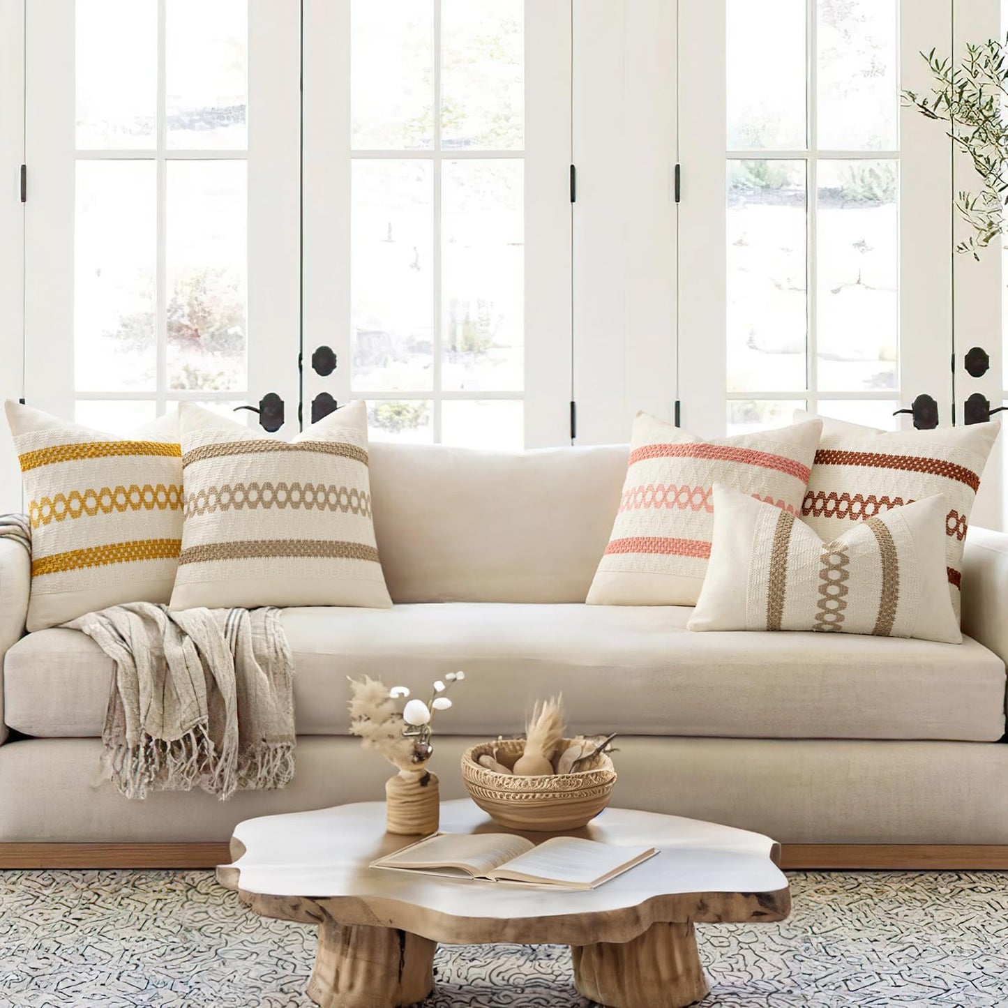 MIULEE Set of 2 Coral Red Boho Decorative Pillow Covers 18x18 Inch Farmhouse Rustic Couch Throw Pillows Modern Summer Cotton Cushion Covers Retro Cute Macrame Woven Home Decor for Bed Sofa Chair