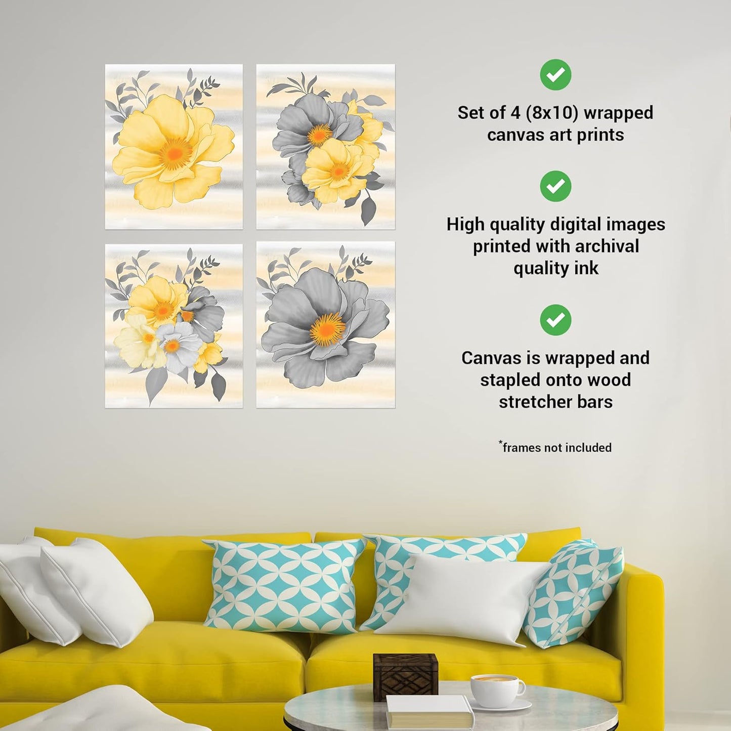 Twisted R Design Wall Art Canvas Prints - 4 Vintage Farmhouse Decor Posters - 8x10 Unframed Floral-Themed Pictures - Made in USA Wall Art for Living Room, Bedroom, Office, & More - Gray and Yellow