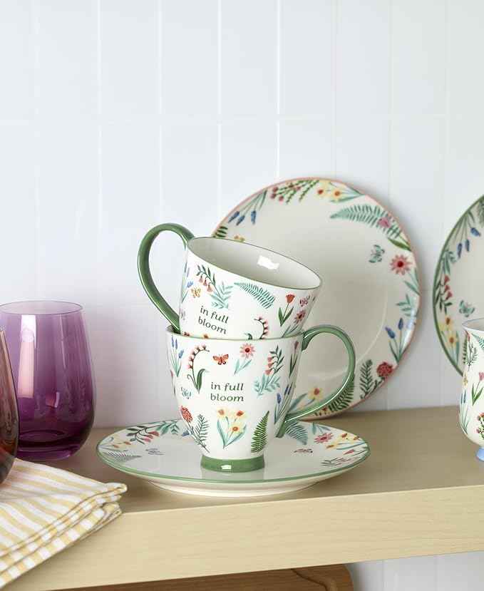 Oneida Coffee Mug Set, First Blooms Green Mugs 2 Pieces, Service For 2, Porcelain Material, 12 Ounce Capacity, Microwave And Dishwasher Safe, Ceramic Mugs, Coffee Cups, Tea Cup (Green, 2 Pieces)