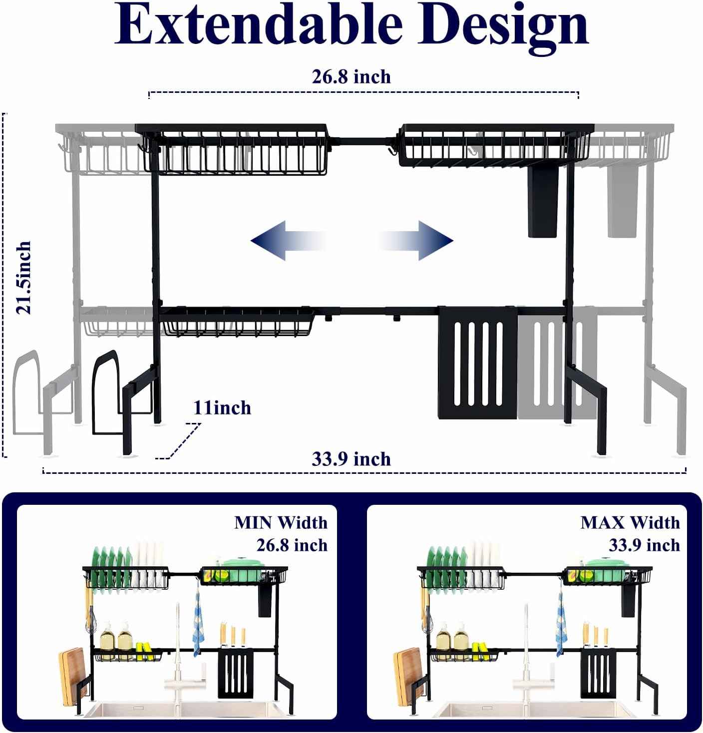 Kitsure Over The Sink Dish Drying Rack - 26.8" to 33.9"x21.5", Adjustable Sink Drying Rack for Kitchen Sink with Large Capacity, 2-Tier Dish Rack Over Sink with Multifunctional Baskets, Black