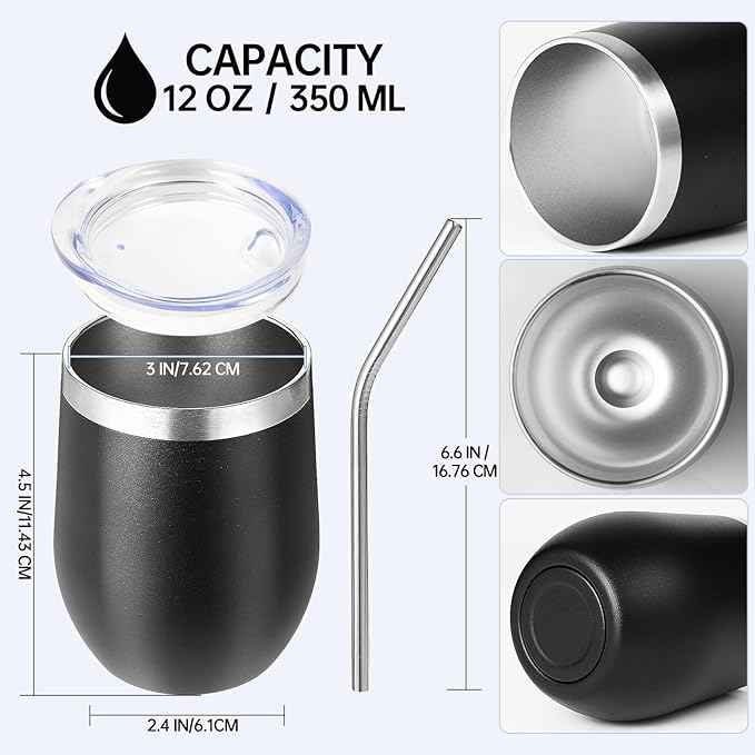 Volhoply 12oz Stainless Steel Wine Tumbler with Lid Bulk 8 Pack,Double Wall Vacuum Stemless Wine Glasses,Reusable Metal Travel Coffe Mug with Straw,Insulated Cup Gifts for Women,Christmas（Black,8 Set）