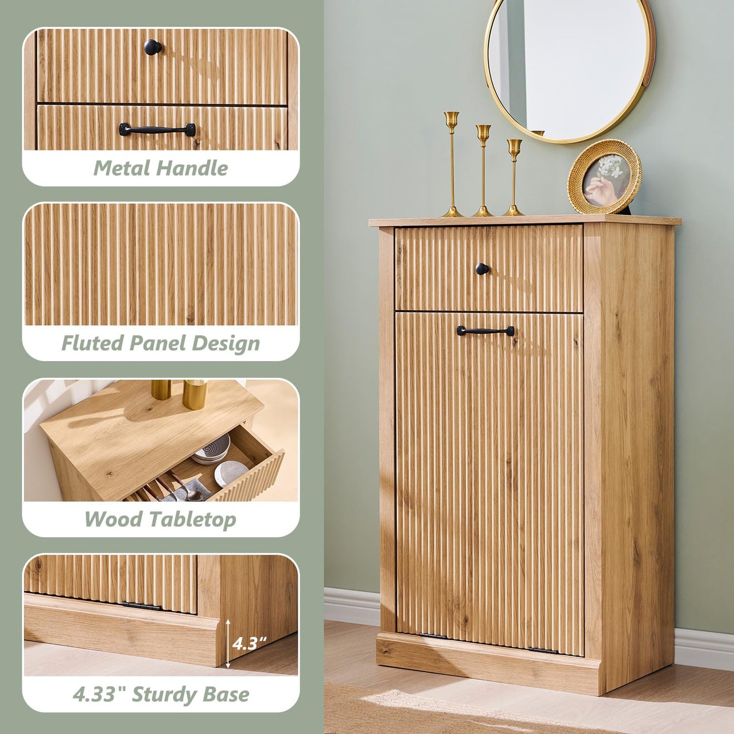 Modern Tilt-Out Trash Can Cabinet, 10 Gallon Fluted Laundry Hamper Cabinet with Drawers, Wooden Hidden Garbage Can Cabinet w/Storage Basket, Free Standing for Kitchen & Living Room,Natural Oak - Lumora Casa