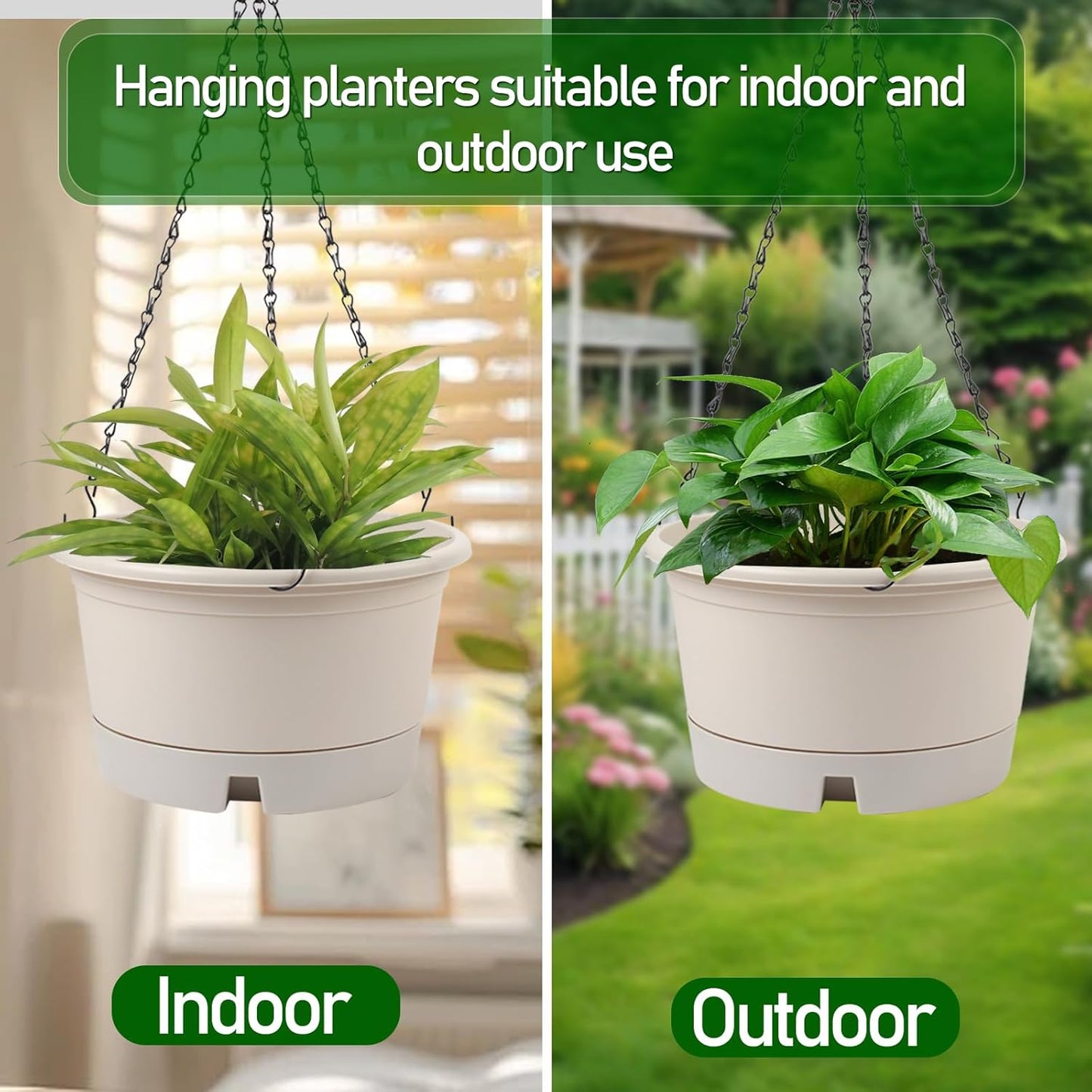 10 Inch Hanging Planters for Indoor Plants, 4 Pack Plastic Hanging Baskets with Removable Trays & 15.7" Chain, Outdoor Hanging Plant Pot for Home Garden Porch Balcony Patio Decor (Beige)