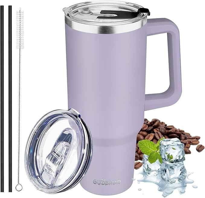 40 oz Tumbler with Handle, Insulated Tumbler with Lid and Straw, Reusable Stainless Steel Vacuum Insulated Cup, 100% Leak Proof Thermal Travel Coffee Mug Cup for Cold and Hot (Light Purple)