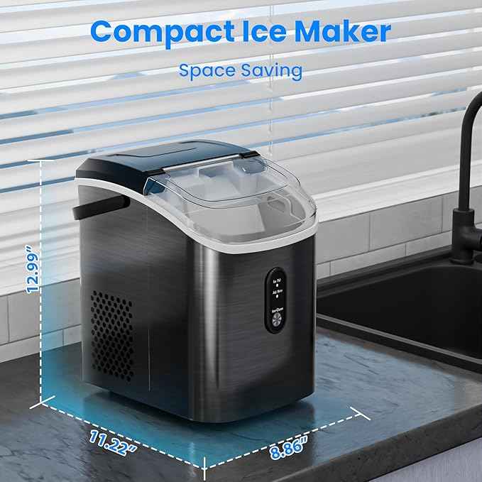 Antarctic Star Nugget Ice Makers Countertop with Self-Cleaning, 35lbs/24H, Portable Sonic Ice Maker Machine with Handle/Basket/Scoop for Home, Kitchen, Office, Camping(Stainless Steel Black)