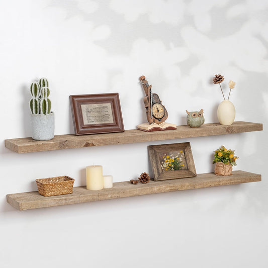 Floating Shelves | 8" Deep Rustic Reclaimed Barnwood Wall Hanging Shelves with Invisible Heavy-Duty Metal Bracket | Wall Mounted | Farmhouse Style | 48 inches, 2 PCs, Distressed Natural