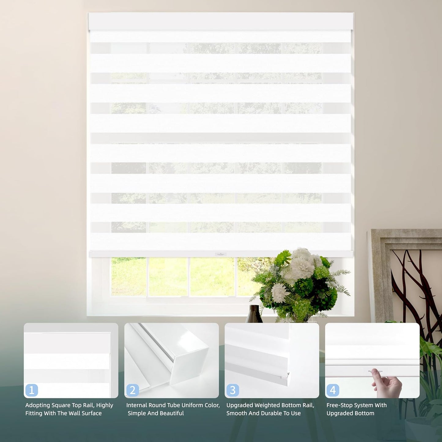 Cordless Zebra Blinds for Windows (22" W X 72" H, White) Free-Stop Zebra Roller Shades Dual Layer Light Filtering Privacy for Day and Night, Light Control for Home, Bedroom, Office