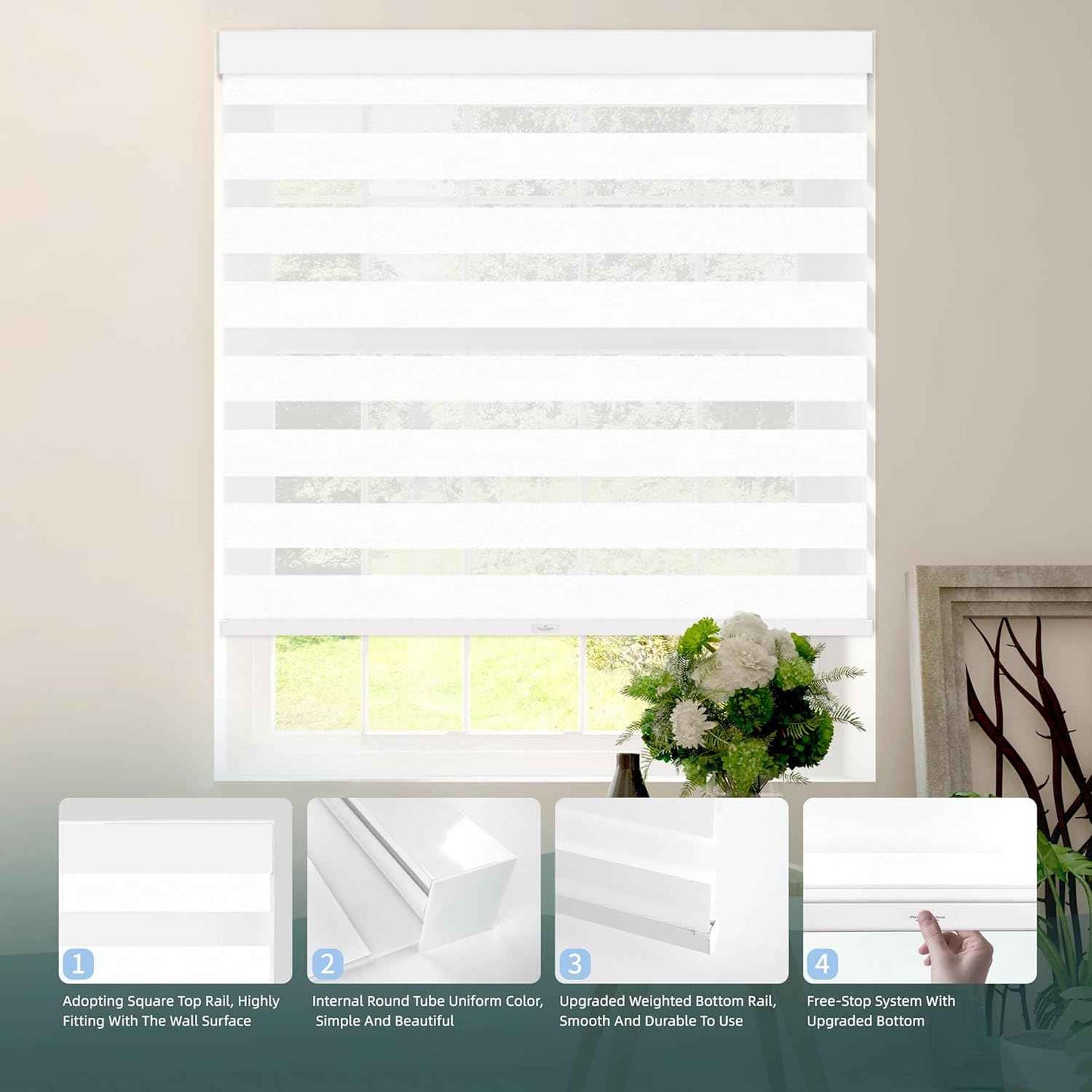 Cordless Zebra Blinds for Windows (29" W X 72" H, White) Free-Stop Zebra Roller Shades Dual Layer Light Filtering Privacy for Day and Night, Light Control for Home, Bedroom, Office