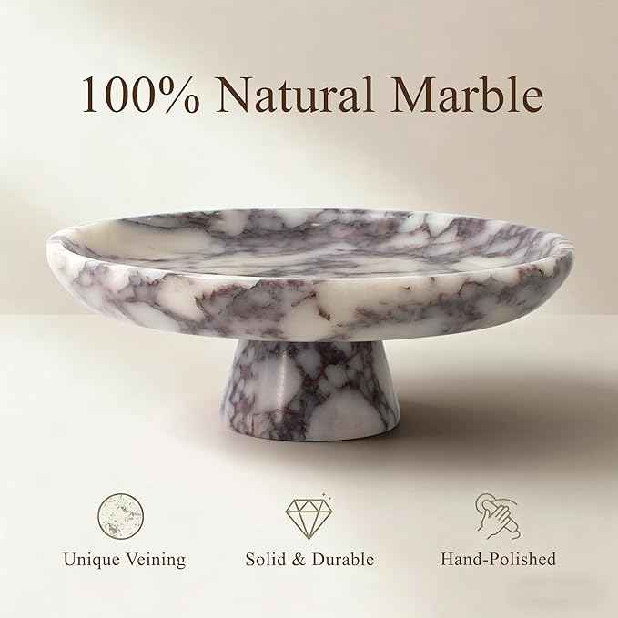 YMXYJM Natural Marble Pedestal Fruit Bowl, Large Decorative Bowl for Kitchen Counter/Living Room/Dining Table/Entryway,Calacatta Viola Purple