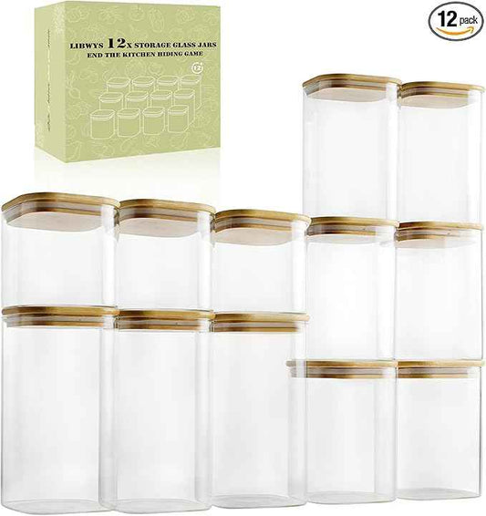 LIBWYS 12-Pack Glass Pantry Storage Containers with Bamboo Lids (0.76Qt/1.22Qt/1.67Qt) - Stackable Square Food Jars for Pantry Organization, Coffee, Flour, Snacks, Tea | Kitchen Canisters Set
