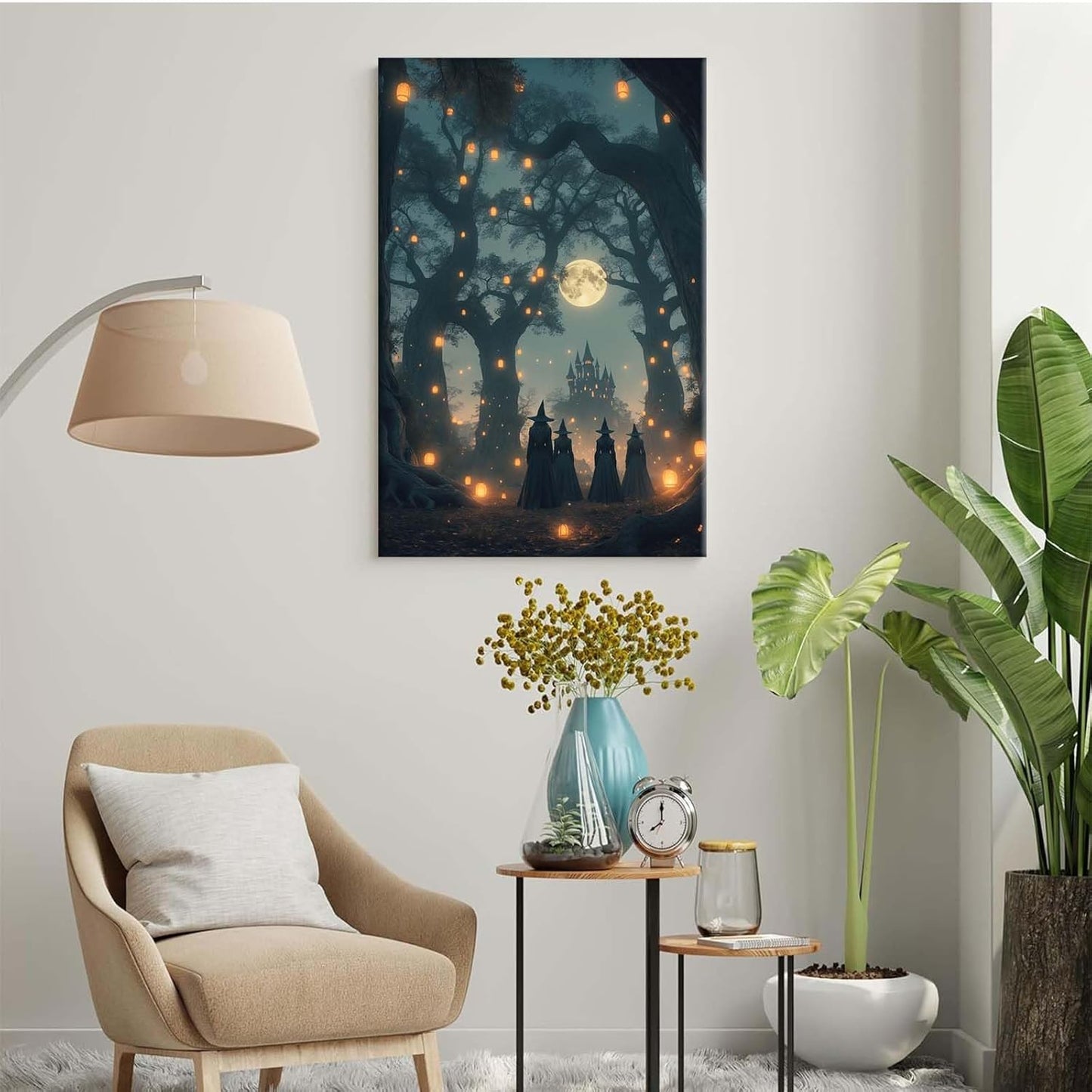Mysterious creek painting witch and castle in magic forest art print canvas gothic print dark college decoration poster for home bedroom20x30in Wood Framed