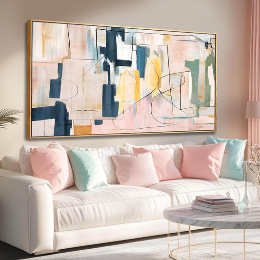 Pink Wall Art Abstract Wall Decorations Navy Blue Artwork Wall Pictures for Living Room Framed Wall Decor 24"x48"