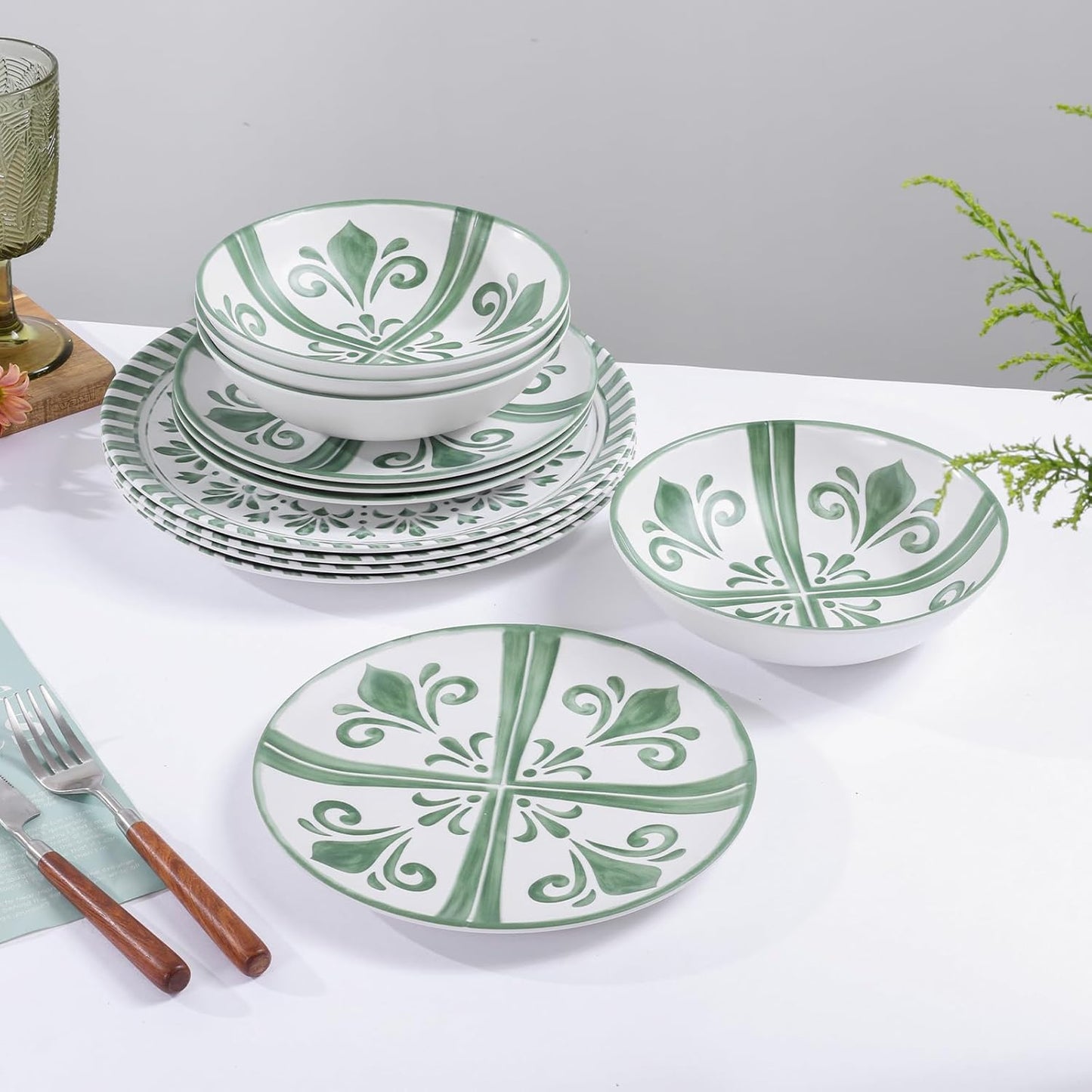 Melamine Dinnerware Sets, Dinnerware Sets for 4, 12Pcs Plates and Bowls Sets, Green Floral Embossed Design Dish Set for Indoor and Outdoor Use