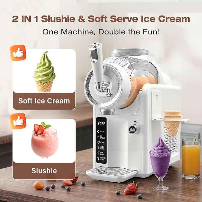 SYINTAO Slushie Machine No Ice Needed, 2-in-1 Frozen Drink & Soft Serve Ice Cream Maker, 75oz Self-Chilling Slushy Maker with 5 Presets, LED Display & Auto Clean for Home & Party (White)