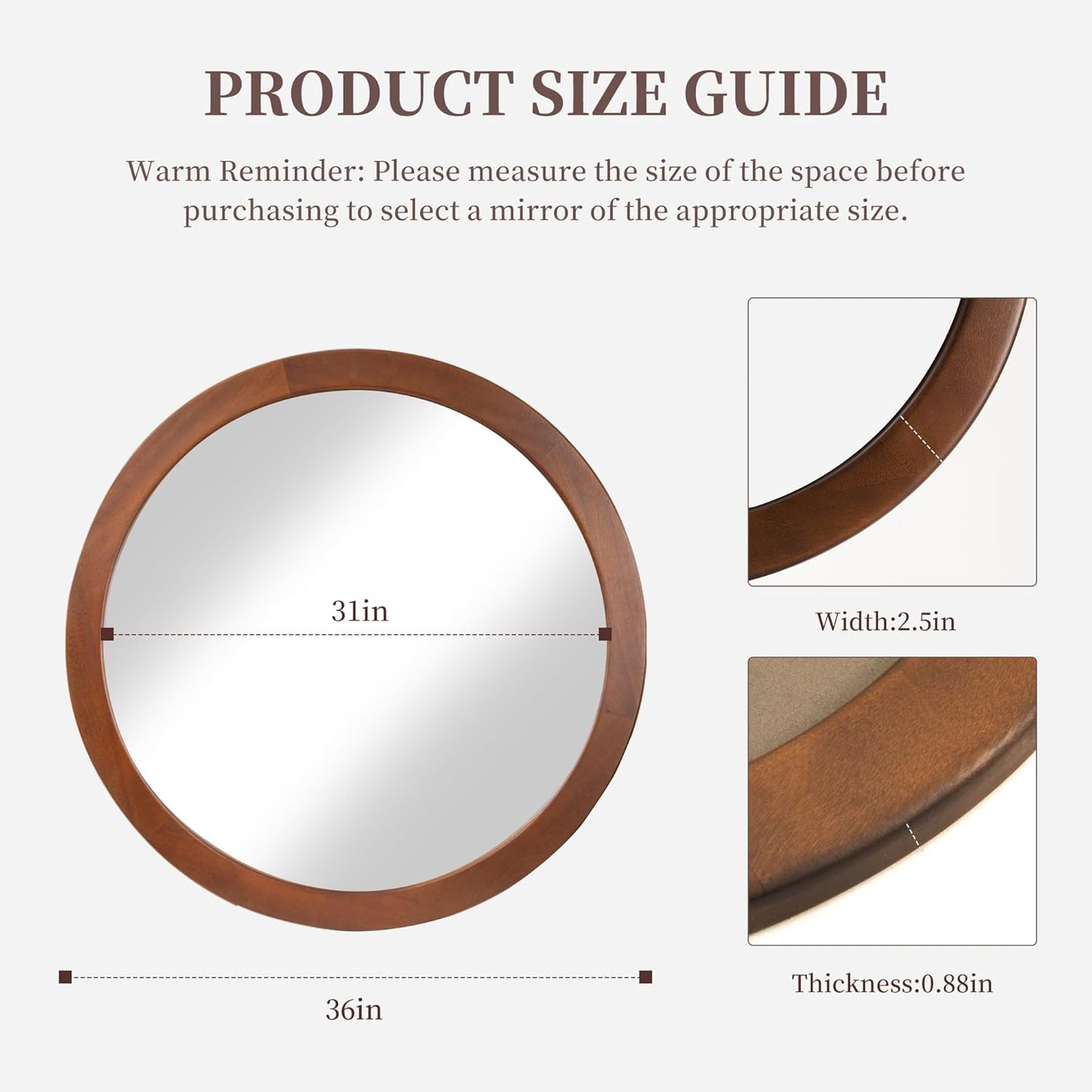CULER Round Mirror 36 Inch,Wood Rustic Bathroom Tempered Wall Mirror with Walnut Frame,Farmhouse Wooden Vanity Circle Mirrors for Living Room,Entryway or Bedroom（Walnut Brown）
