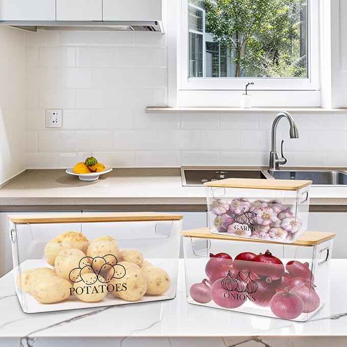 Potato and Onion Storage Bins, Transparent Acrylic Bin with Bamboo Lid, Stackable Vegetable Storage Bins for Potato, Onion, Garlic, Set of 3