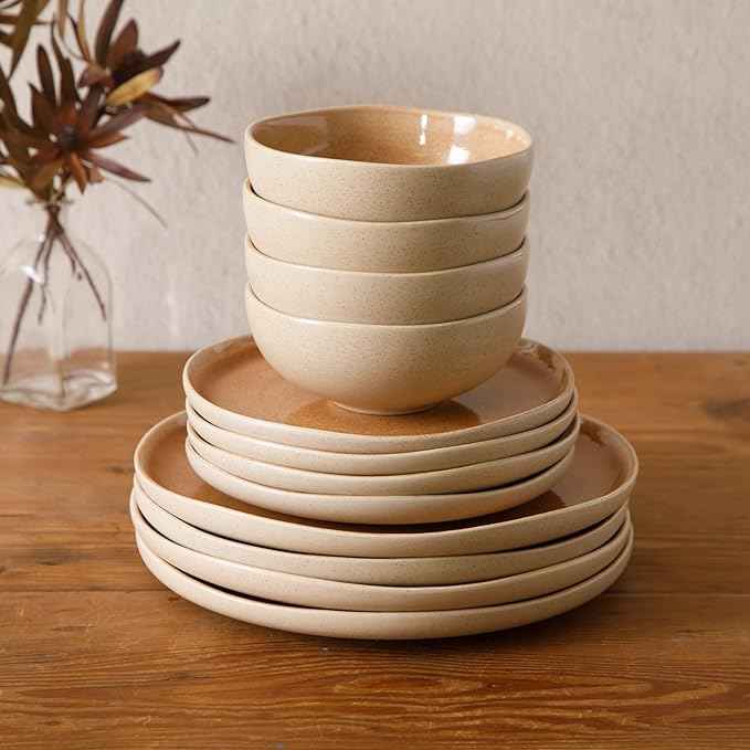 Gibson Elite Manila Bay 12-Piece Stoneware Dinnerware Set, Service for 4, Reactive Glaze Modern Artisan Plates, Bowls & Mugs, Orange, Round Design