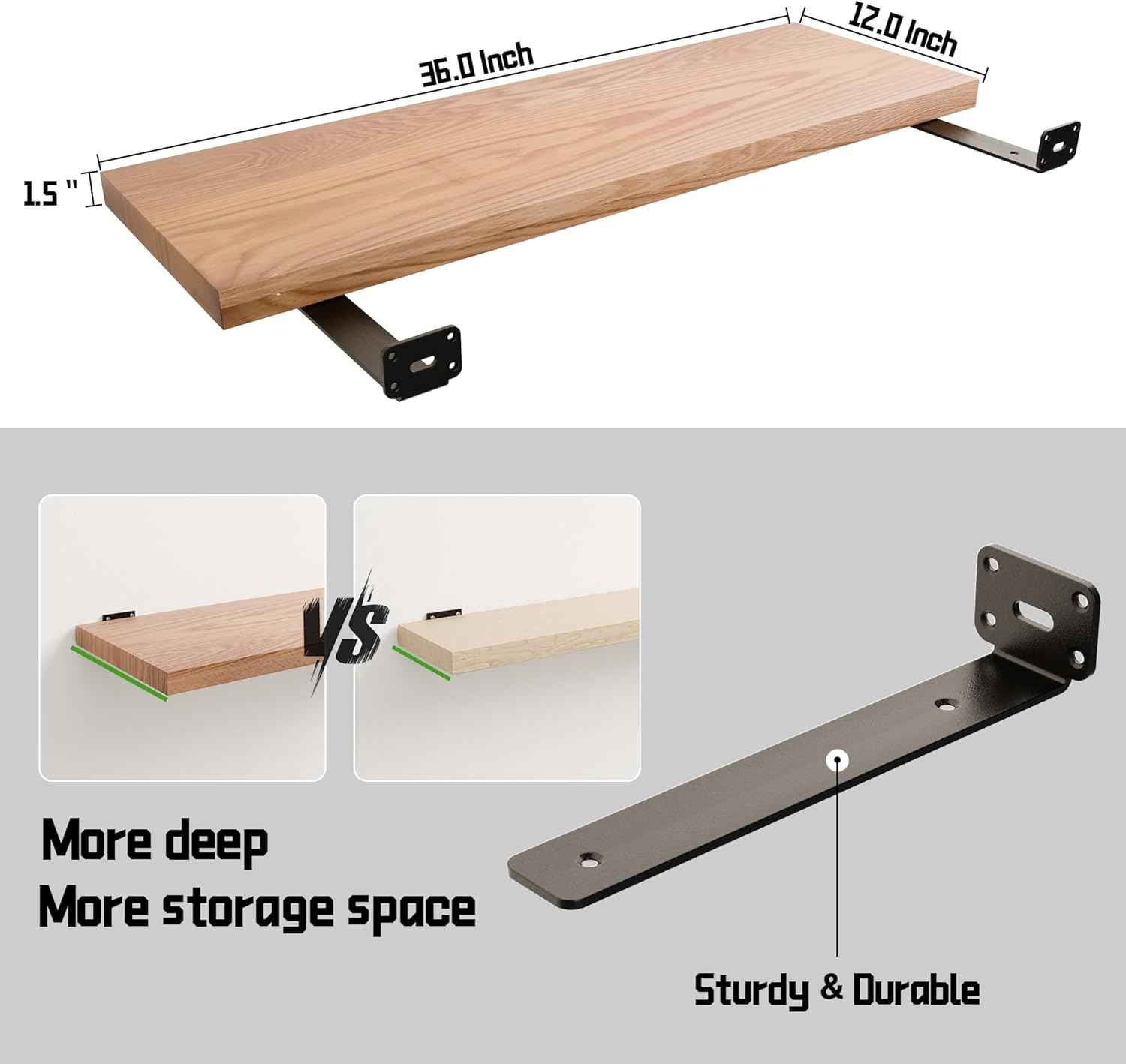 36 Inch Solid Oak Floating Shelves - Natural Wood 12 Inch Deep Wall Shelf, Rustic Display Shelf, Hanging Wall Shelf Decoration for Bedroom, Bathroom, Living Room