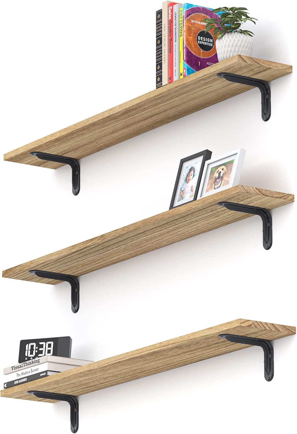 36 Inch Floating Shelves, Set of 3 Long Floating Shelves for Wall Decor, Photos & Display, Natural Wood, Rustic Style (36" x 5.5", Brown)