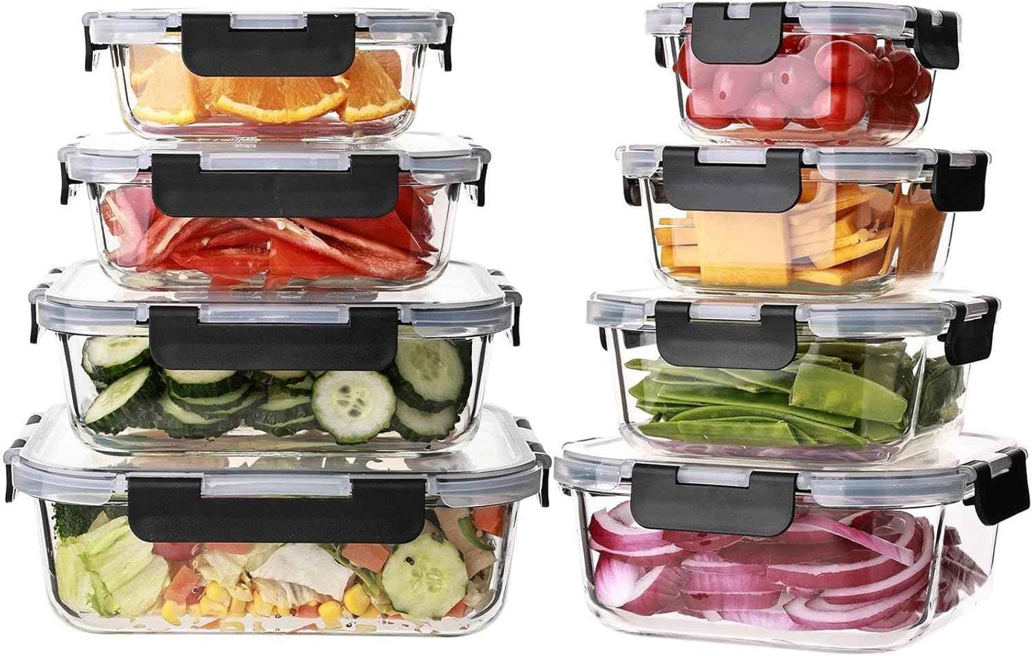 Wells Glass Meal Prep Containers, 8 Pack Glass Food Storage Containers Set with Airtight Locking Lids for Lunch, Fridge, Freezer, Dishwasher Safe, BPA-Free, Clear