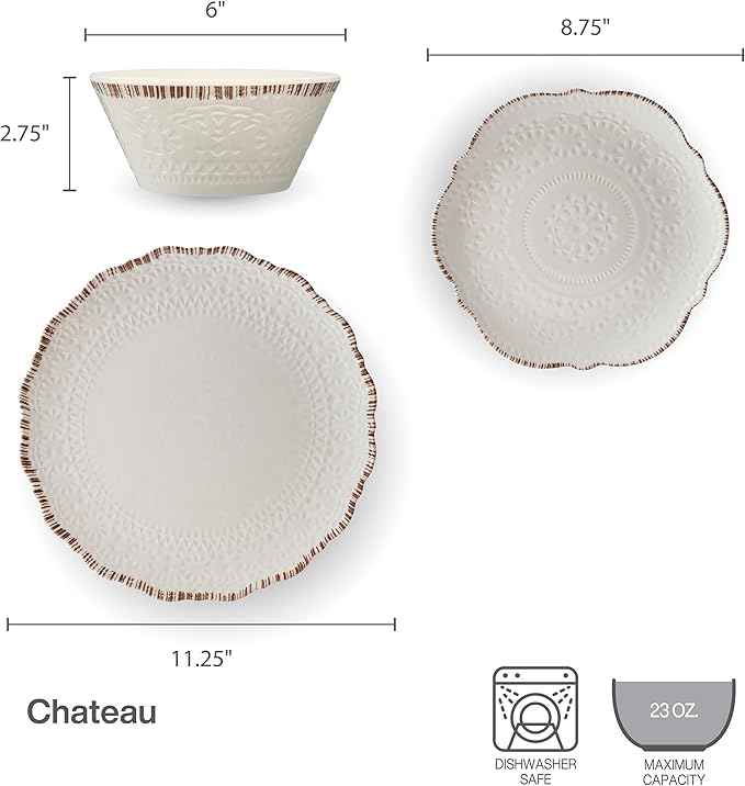 Pfaltzgraff Chateau 12 Piece Outdoor Melamine Dinnerware Set, Service for 4, White