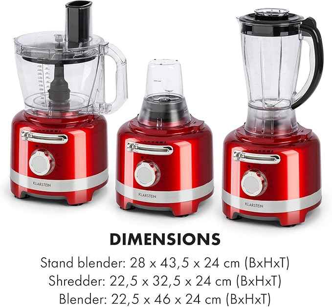 Klarstein Luca Multi-Function Mixer Blender Chopper Kitchen Grater Juicer Food Processor, 1000 Watt, Stepless, 6 Levels, BPA Free, 3 Litres, 3 L Measuring Cup, Spatula, Red