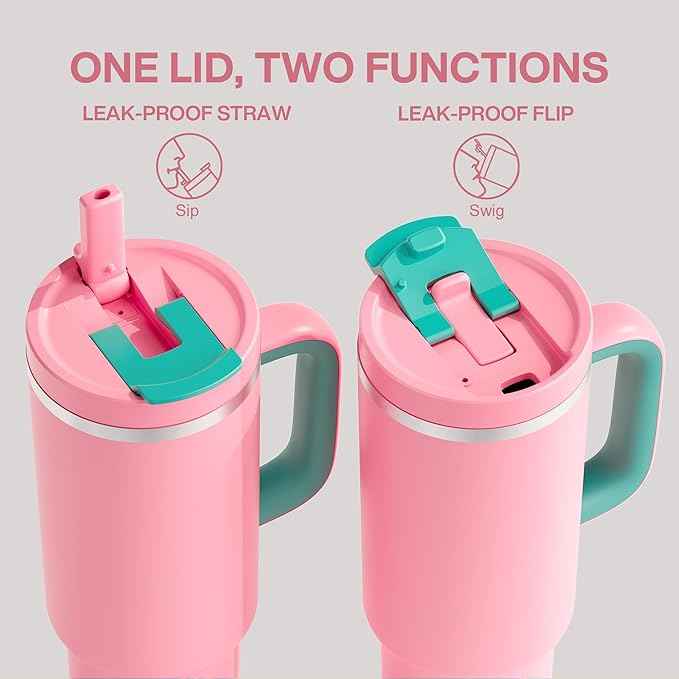 ENCOOL 40 oz Tumbler with Handle and Straw: Stainless Steel Insulated Tumbler Keeps Cold for 24 Hours, Leakproof Travel Cup Fits in Cup Holder and BPA-Free,Tulip