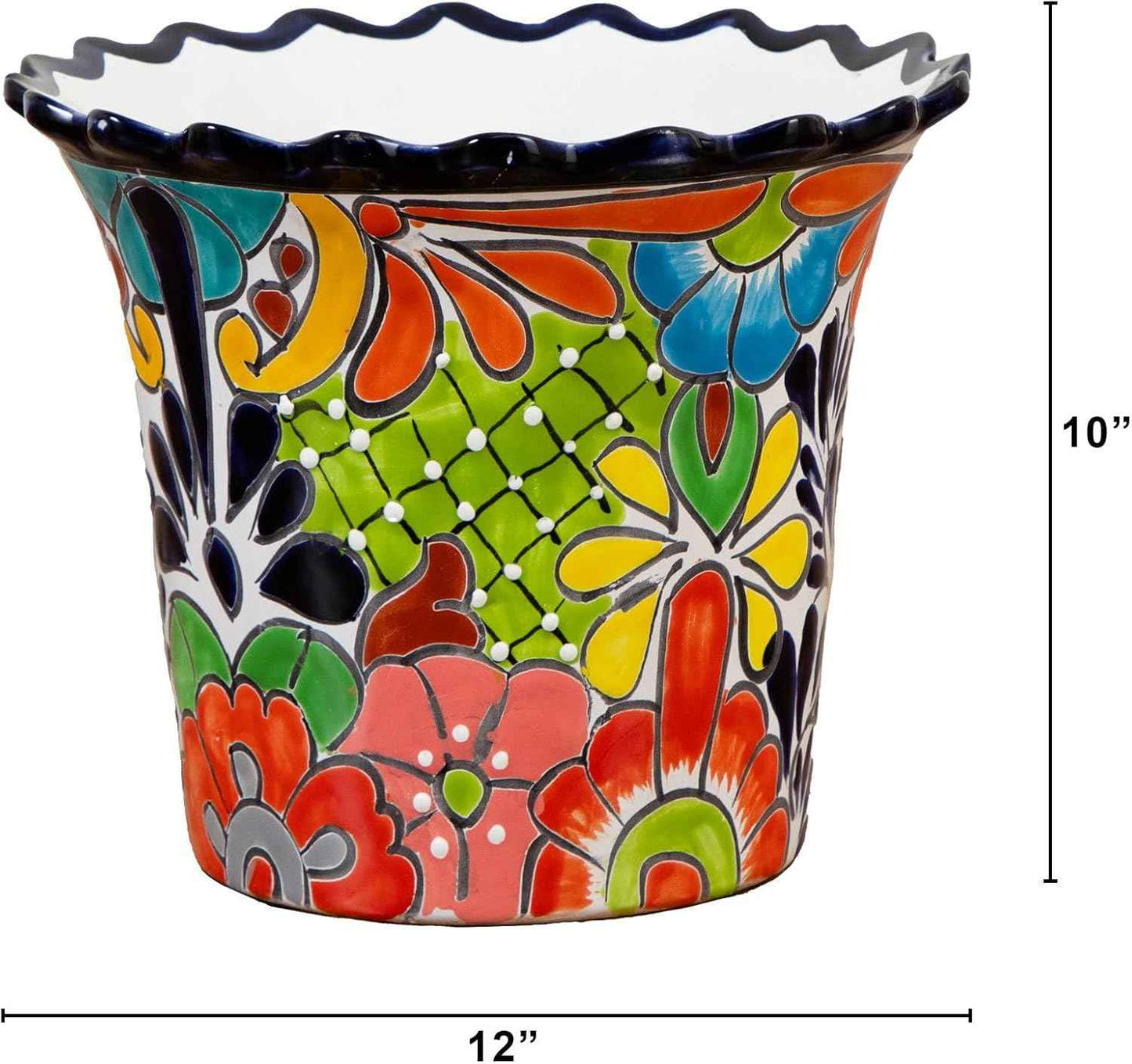 Nearly Natural 10-in x 12-in Handcrafted Mexican Talavera Ceramic Planter – Vibrant Hand-Painted Decorative Art Pot with Drainage Hole